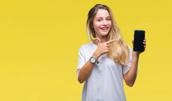 Genç Güzel Sarışın Kadın Gösteren Ekran Smartphone Üzerinde Izole Arka — Stok fotoğraf