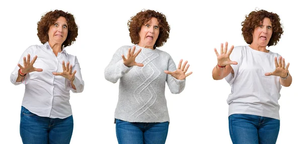 Collage Mujer Negocios Senior Mediana Edad Vistiendo Una Camiseta Blanca — Foto de Stock