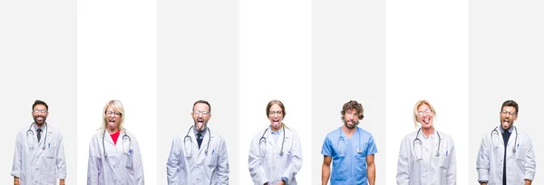 Collage Professional Doctors Stripes Isolated Background Sticking Tongue Out Happy — Stock Photo, Image