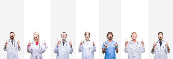 Collage Van Professionele Artsen Strepen Geïsoleerde Achtergrond Verbaasd Verrast Opzoeken — Stockfoto