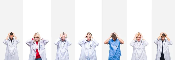 Collage Médicos Profesionales Sobre Rayas Aisladas Que Sufren Dolor Cabeza — Foto de Stock
