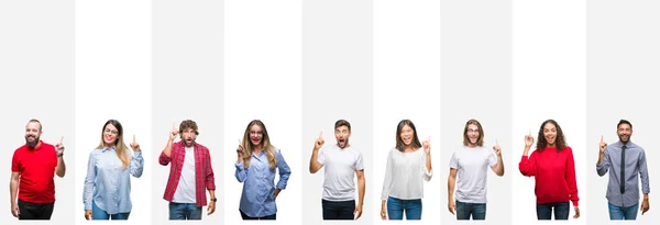 Collage Diferentes Etnias Jóvenes Sobre Rayas Blancas Fondo Aislado Apuntando — Foto de Stock