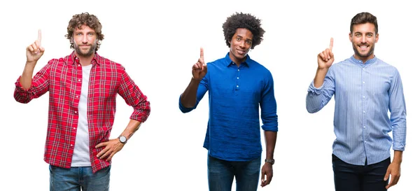 分離背景表示と自信を持って 幸せな笑みを浮かべて 指番号のいずれかで上向きにアフリカ系アメリカ人 ヒスパニックの男性のグループのコラージュ — ストック写真