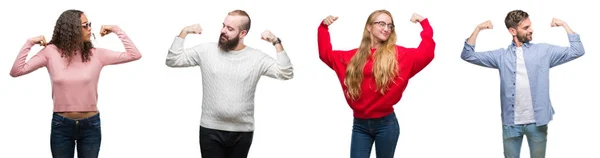 Collage Grupo Jóvenes Sobre Fondo Blanco Aislado Mostrando Los Músculos —  Fotos de Stock