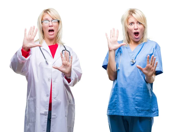 Collage Von Arzt Und Krankenschwester Vor Weißem Isoliertem Hintergrund Ängstlich — Stockfoto