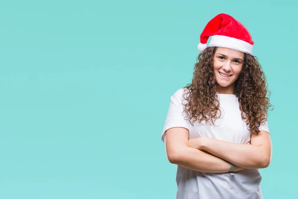 Menina Morena Jovem Usando Chapéu Natal Sobre Fundo Isolado Rosto — Fotografia de Stock