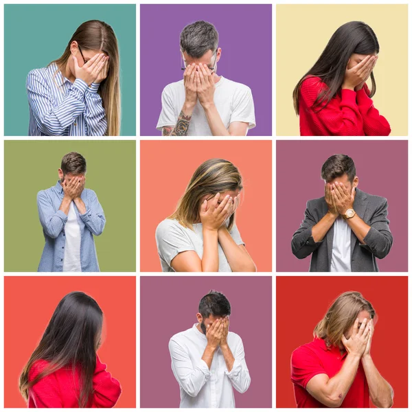 Collage of group people, women and men over colorful isolated background with sad expression covering face with hands while crying. Depression concept.