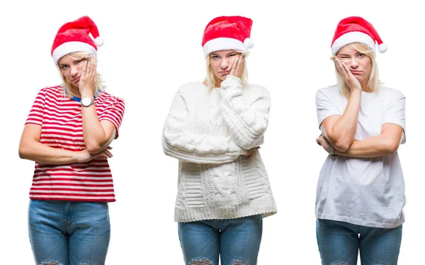 Collage Beautiful Blonde Woman Wearing Christmas Hat Isolated Background Thinking — Stock Photo, Image