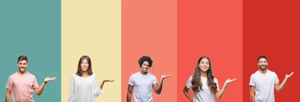 Collage Diferentes Etnias Jóvenes Sobre Rayas Colores Fondo Aislado Sonriendo — Foto de Stock