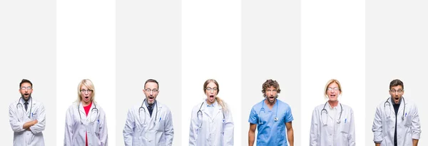 Collage Professional Doctors Stripes Isolated Background Afraid Shocked Surprise Expression — Stock Photo, Image