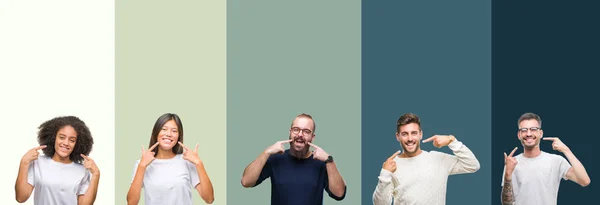 Collage Grupp Ungdomar Över Färgglada Isolerade Bakgrund Leende Självsäker Visar — Stockfoto