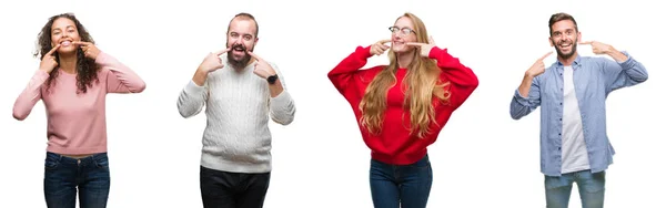 Collage Van Groep Jongeren Witte Geïsoleerde Achtergrond Glimlachend Vertrouwen Tonen — Stockfoto