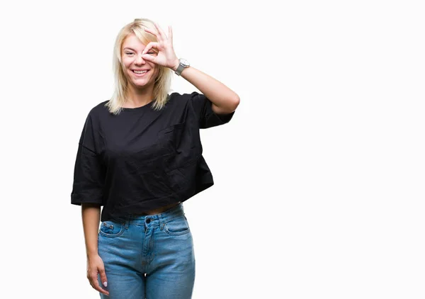 Giovane Bella Donna Bionda Sfondo Isolato Facendo Gesto Con Mano — Foto Stock