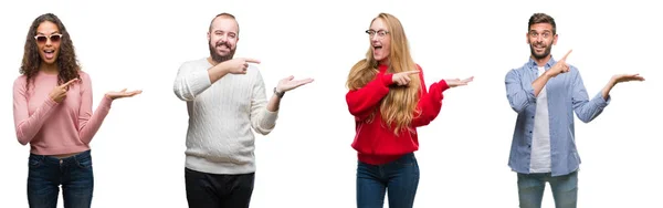 Colagem Grupo Jovens Sobre Fundo Isolado Branco Espantado Sorrindo Para — Fotografia de Stock