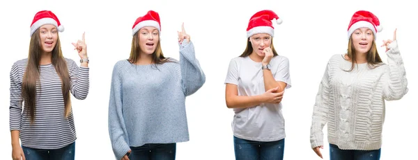 Collage Eines Jungen Mädchens Mit Weihnachtsmütze Über Weißem Isoliertem Hintergrund — Stockfoto