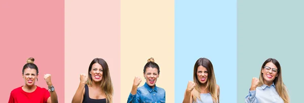 Collage Young Beautiful Woman Colorful Stripes Isolated Background Angry Mad — Stock Photo, Image