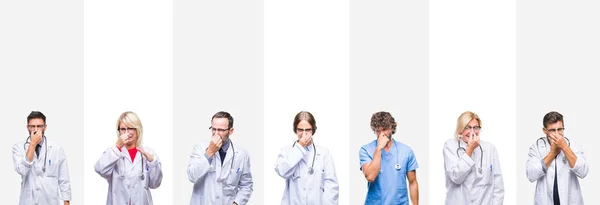 Koláž Profesionálních Lékařů Nad Pruhy Samostatný Pozadí Vonící Něco Smradlavá — Stock fotografie