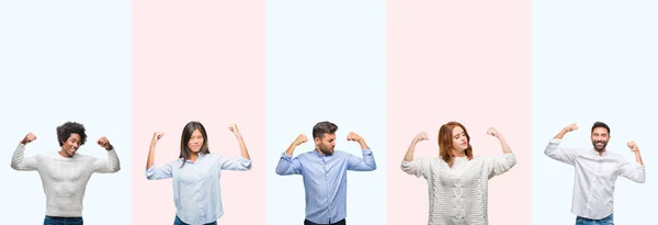 Collage Group Young People Colorful Isolated Background Showing Arms Muscles — Stock Photo, Image