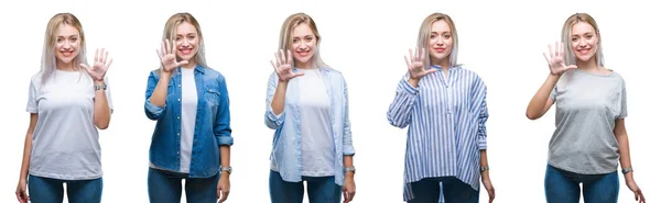 Collage Vacker Blond Ung Kvinna Över Isolerade Bakgrund Visar Och — Stockfoto