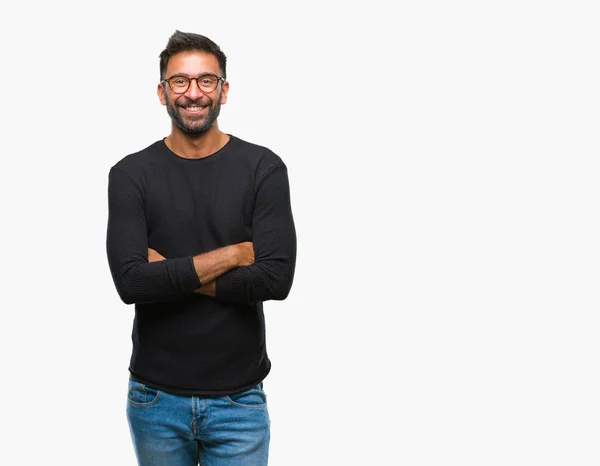Yetişkin Spanyol Adam Gözlüklü Üzerinde Mutlu Yüz Ile Gülümseyerek Kameraya — Stok fotoğraf