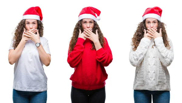 Collage Joven Morena Con Sombrero Navidad Sobre Fondo Aislado Impactó — Foto de Stock