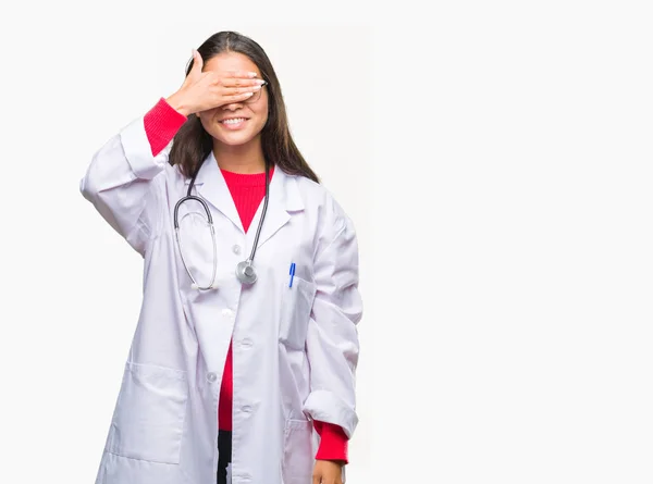 Young Arab Doctor Woman Isolated Background Smiling Laughing Hand Face — Stock Photo, Image