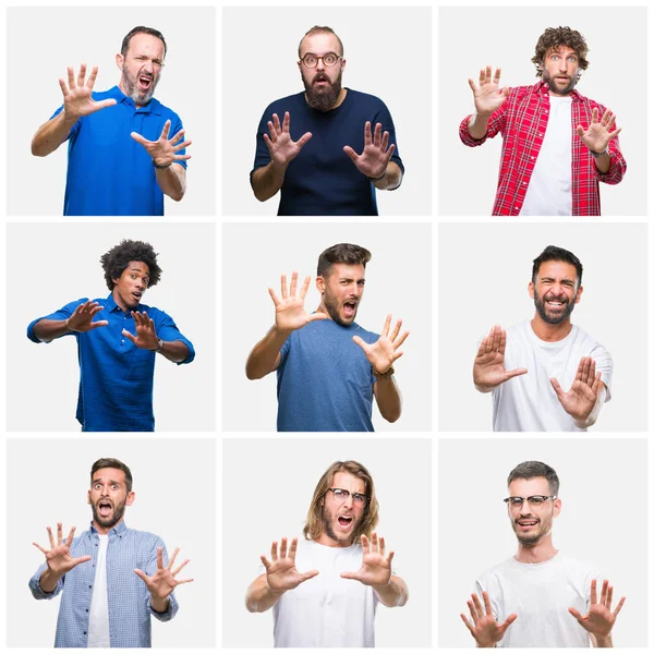 Collage Grupo Hombres Sobre Fondo Blanco Aislado Asustados Aterrorizados Con — Foto de Stock