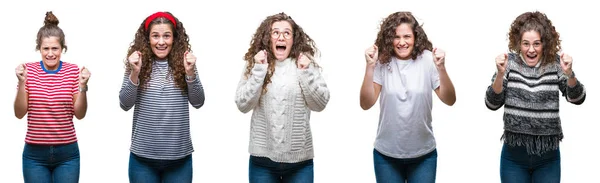 Collage Giovane Bruna Capelli Ricci Ragazza Sfondo Isolato Eccitato Successo — Foto Stock