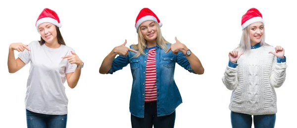 Collage Einer Gruppe Junger Frauen Mit Weihnachtsmütze Vor Isoliertem Hintergrund — Stockfoto