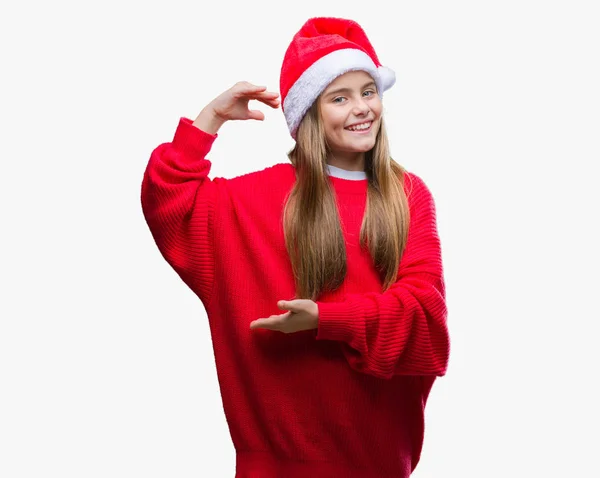 Menina Bonita Nova Vestindo Chapéu Natal Sobre Fundo Isolado Gestos — Fotografia de Stock