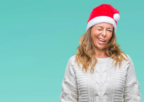 Mulher Hispânica Sênior Meia Idade Usando Chapéu Natal Sobre Fundo — Fotografia de Stock