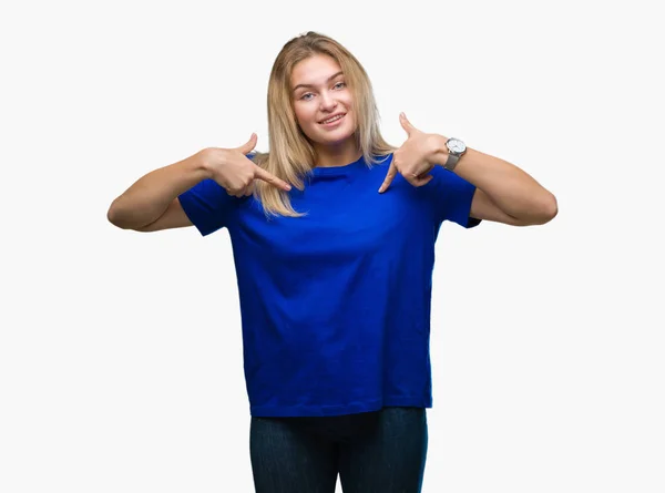 Young Caucasian Woman Isolated Background Looking Confident Smile Face Pointing — Stock Photo, Image