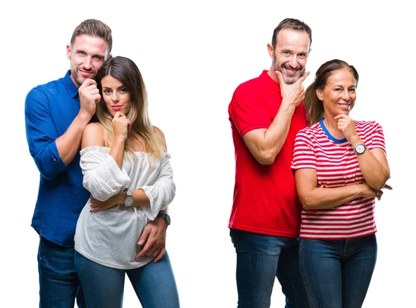 Collage Van Jonge Volwassen Paar Verliefd Geïsoleerde Achtergrond Zoek Vertrouwen — Stockfoto