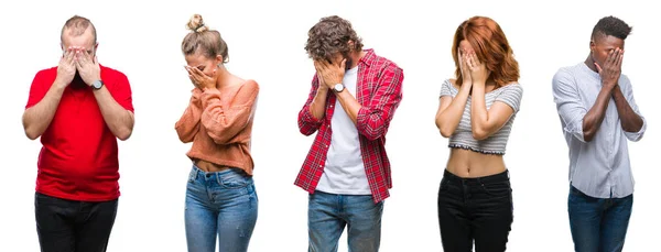 Collage Einer Gruppe Junger Menschen Vor Buntem Isoliertem Hintergrund Mit — Stockfoto