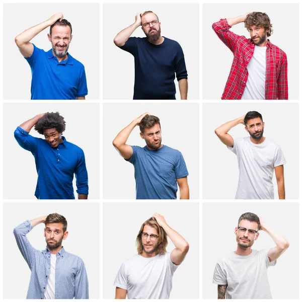 Collage Grupp Män Över Vit Isolerade Bakgrund Förvirra Och Undrar — Stockfoto