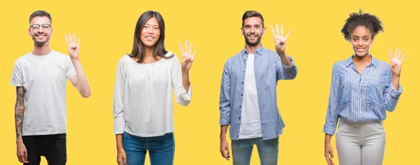 Collage Aus Gruppenmenschen Frauen Und Männern Auf Farbenfrohem Gelbem Hintergrund — Stockfoto