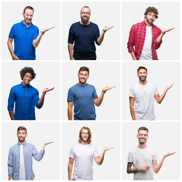 Collage Group Men White Isolated Background Smiling Cheerful Presenting Pointing — Stock Photo, Image
