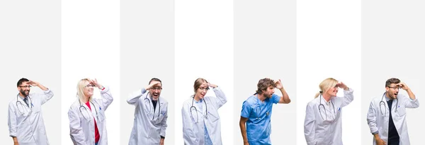 Collage Médicos Profesionales Sobre Rayas Fondo Aislado Muy Feliz Sonriente —  Fotos de Stock