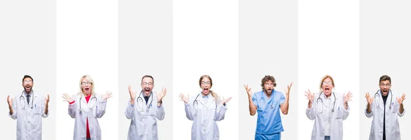 Collage Professional Doctors Stripes Isolated Background Celebrating Crazy Amazed Success — Stock Photo, Image