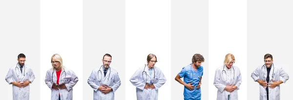 Collage Medici Professionisti Strisce Sfondo Isolato Con Mano Sullo Stomaco — Foto Stock