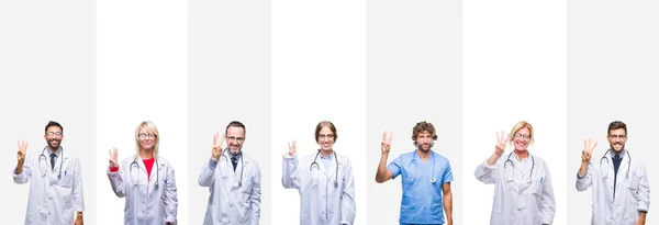 Collage Médecins Professionnels Sur Des Rayures Fond Isolé Montrant Pointant — Photo