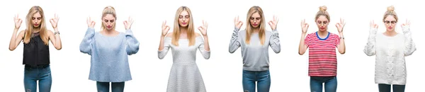 Collage Unga Vackra Blonda Kvinnan Över Isolerade Bakgrund Koppla Och — Stockfoto