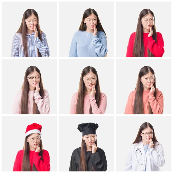 年轻医生拼贴 厨师亚洲妇女孤立背景触摸嘴与手疼痛的表情 因为牙痛或牙齿上的牙病 牙医概念 — 图库照片