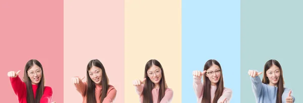 Collage Der Schönen Asiatischen Frau Über Bunten Streifen Isolierten Hintergrund — Stockfoto