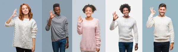 Collage Grupo Personas Afroamericanas Hispanas Con Suéter Invierno Sobre Fondo — Foto de Stock