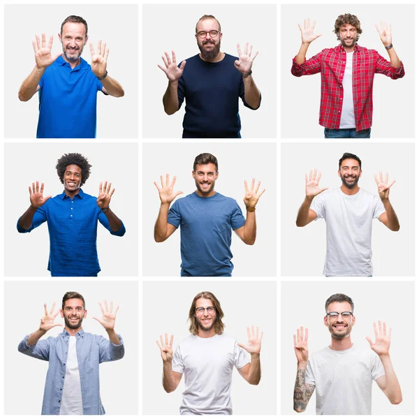 Коллаж Группы Мужчин Белом Изолированном Фоне Показывая Показывая Пальцами Номер — стоковое фото
