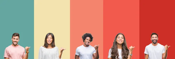 Collage Olika Etnisk Ungdomar Över Färgglada Ränder Isolerade Bakgrund Leende — Stockfoto