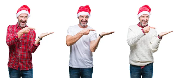 Collage Handsome Senior Hoary Man Wearing Christmas Hat Isolated Background — Stock Photo, Image