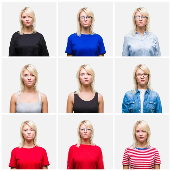 Collage Vacker Blond Kvinna Bär Differents Casual Ser Över Isolerade — Stockfoto