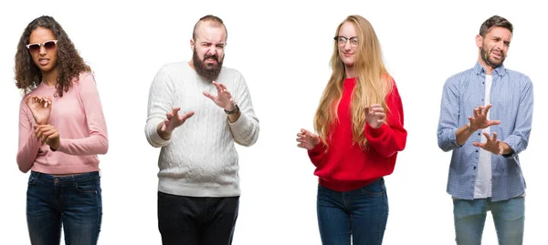 Koláž Skupiny Mladých Lidí Nad Bílým Pozadím Izolované Znechucený Výraz — Stock fotografie